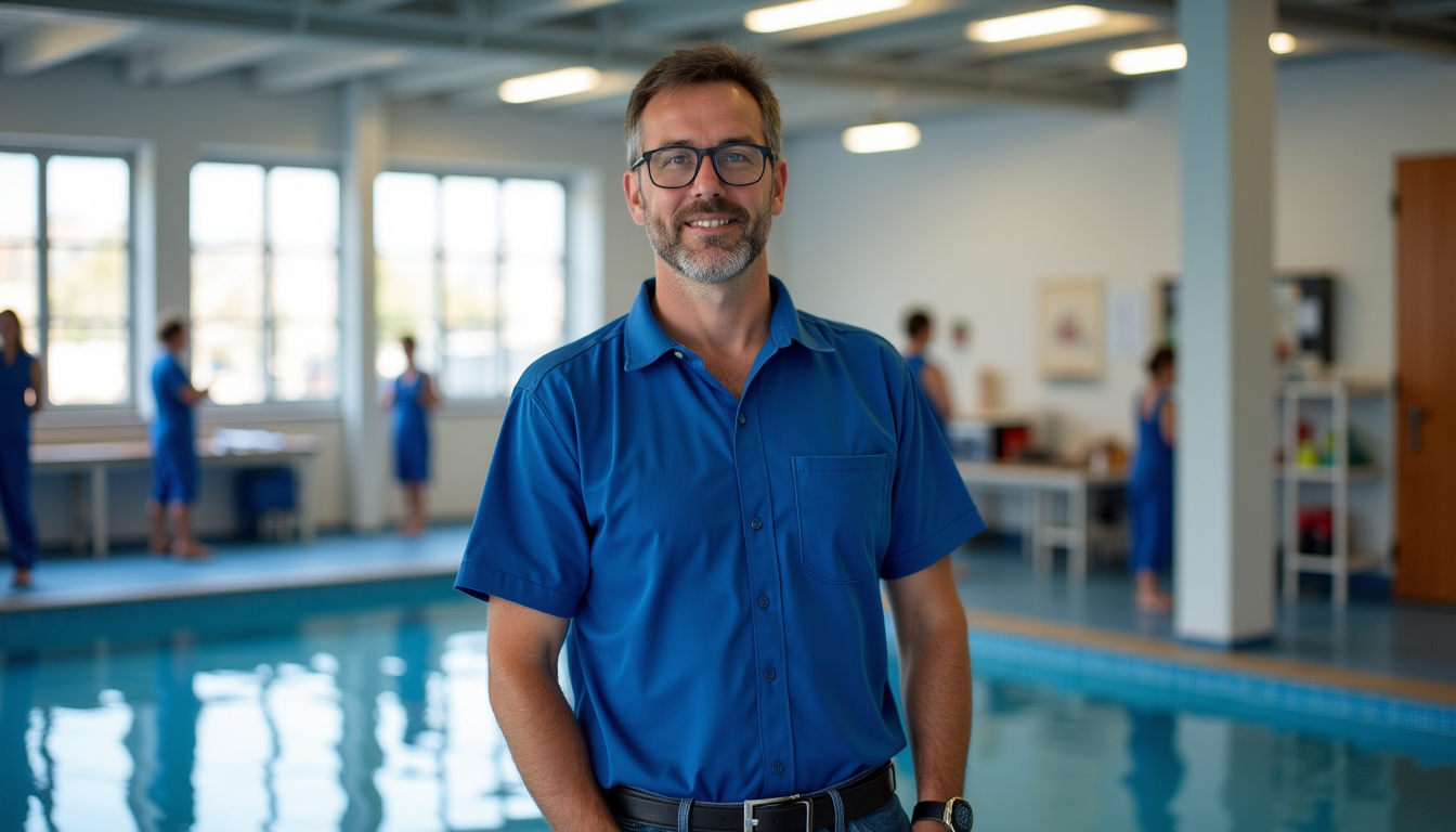 Alain Bernard en 2026, en tenue de ville, animant un atelier de sécurité aquatique dans une école primaire à Marseille, entouré d