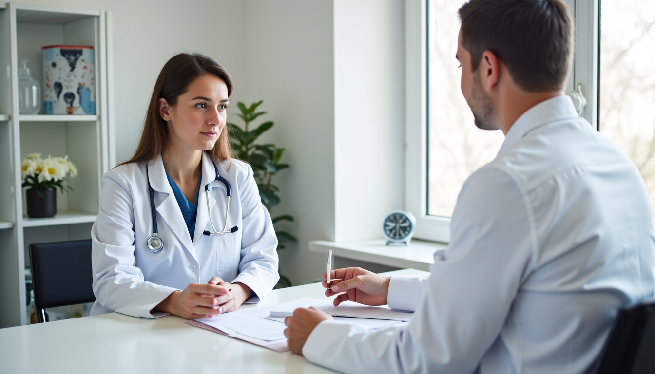 Consultation homéopathique entre un praticien et un patient dans un cabinet