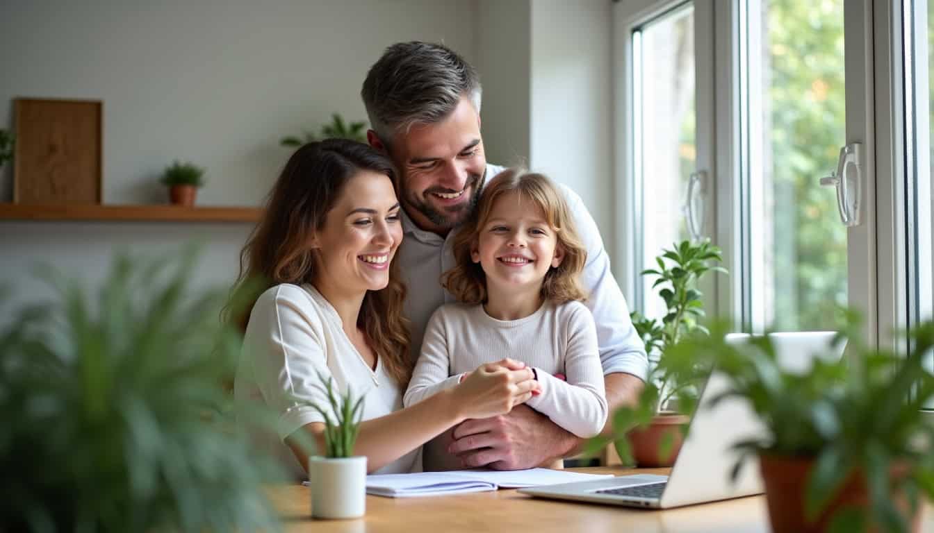 Famille souriante dans un intérieur harmonisé, lumière naturelle et plantes vertes