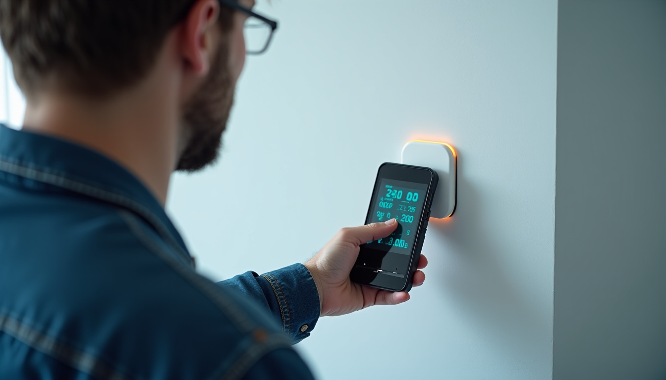 Géobiologue utilisant un appareil de mesure pour détecter les ondes électromagnétiques dans une chambre