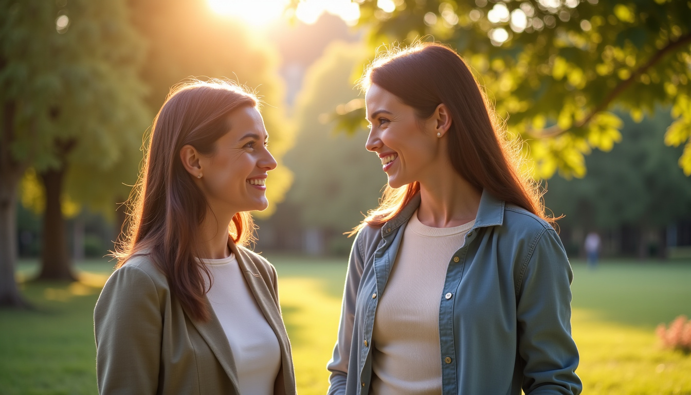 Image montrant deux personnes en pleine conversation chaleureuse et détendue dans un parc ensoleillé, symbolisant les relations enrichies par un état d