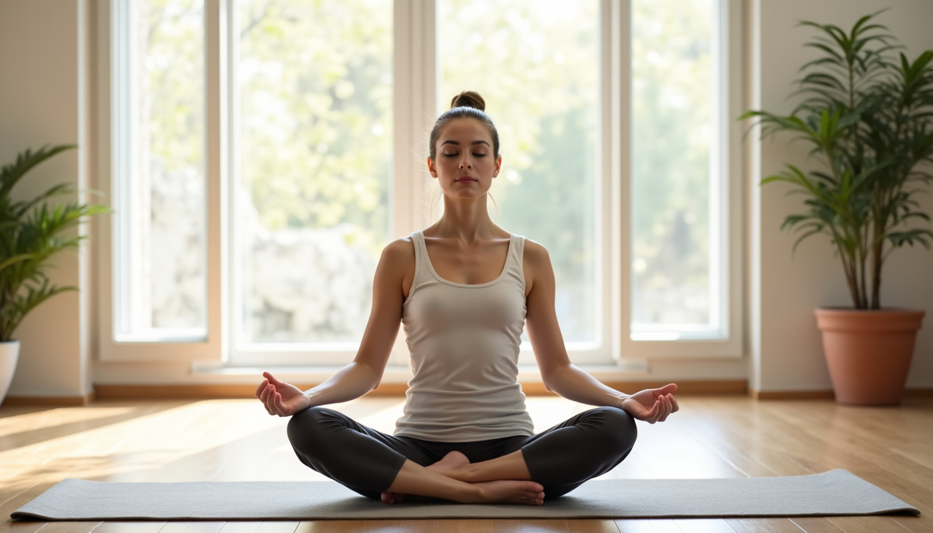 Personne assise en lotus sur un tapis de yoga, les yeux fermés, dans une pièce calme avec lumière naturelle filtrée par un rideau
