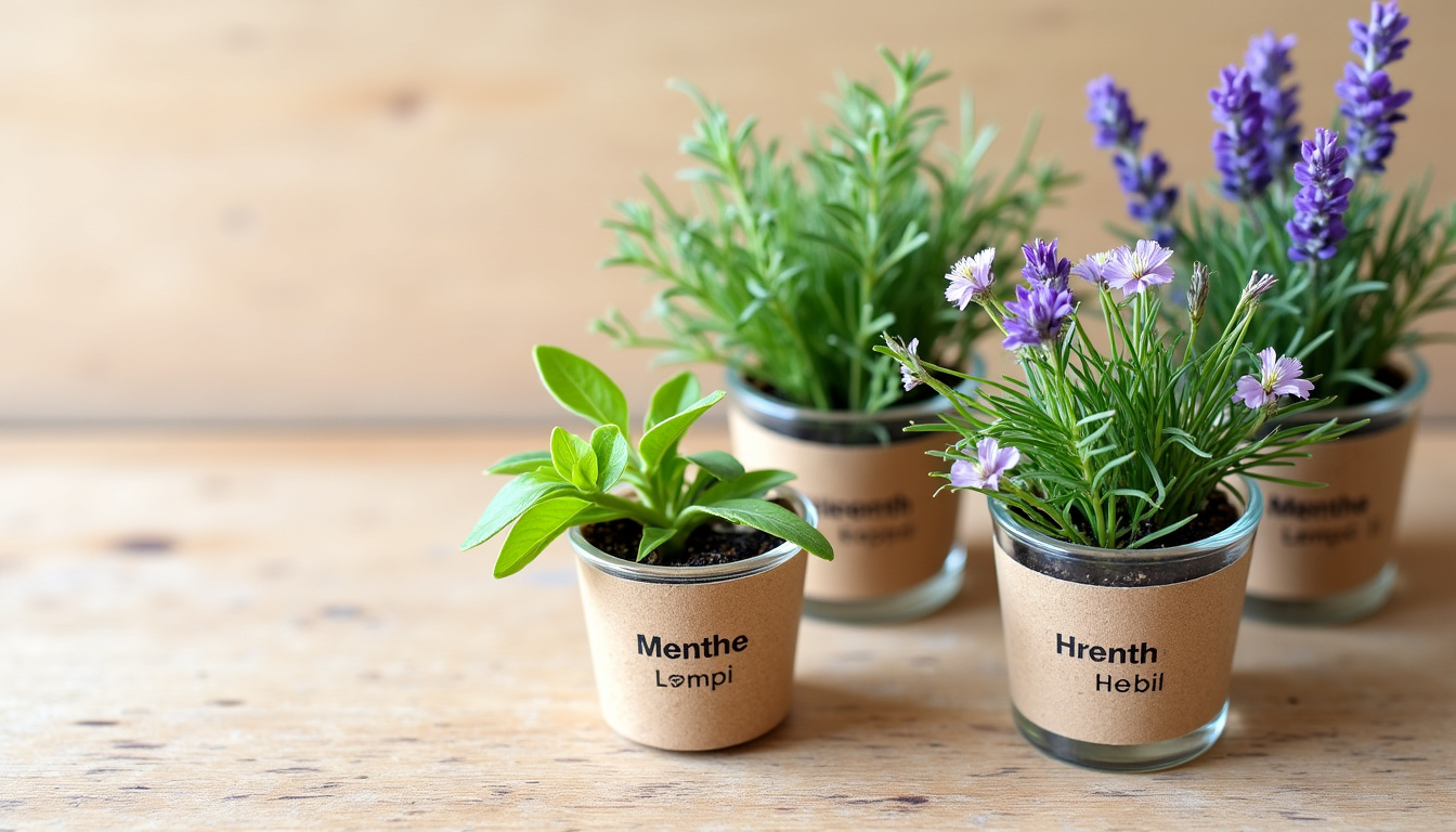 Planche de plantes séchées (lavande, camomille, menthe, thym) disposées sur un fond en bois clair, dans des petits pots en verre avec étiquettes manuscrites