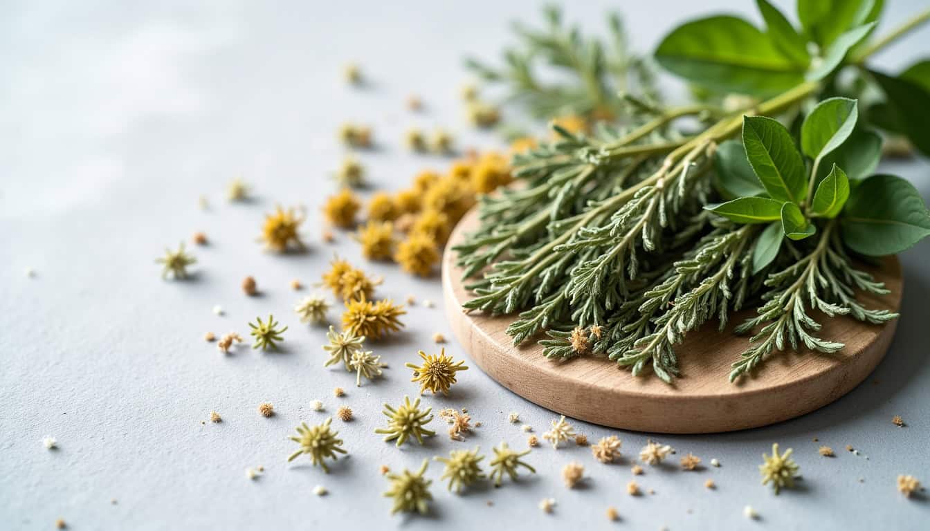 Présentation de différentes plantes médicinales séchées sur un comptoir d