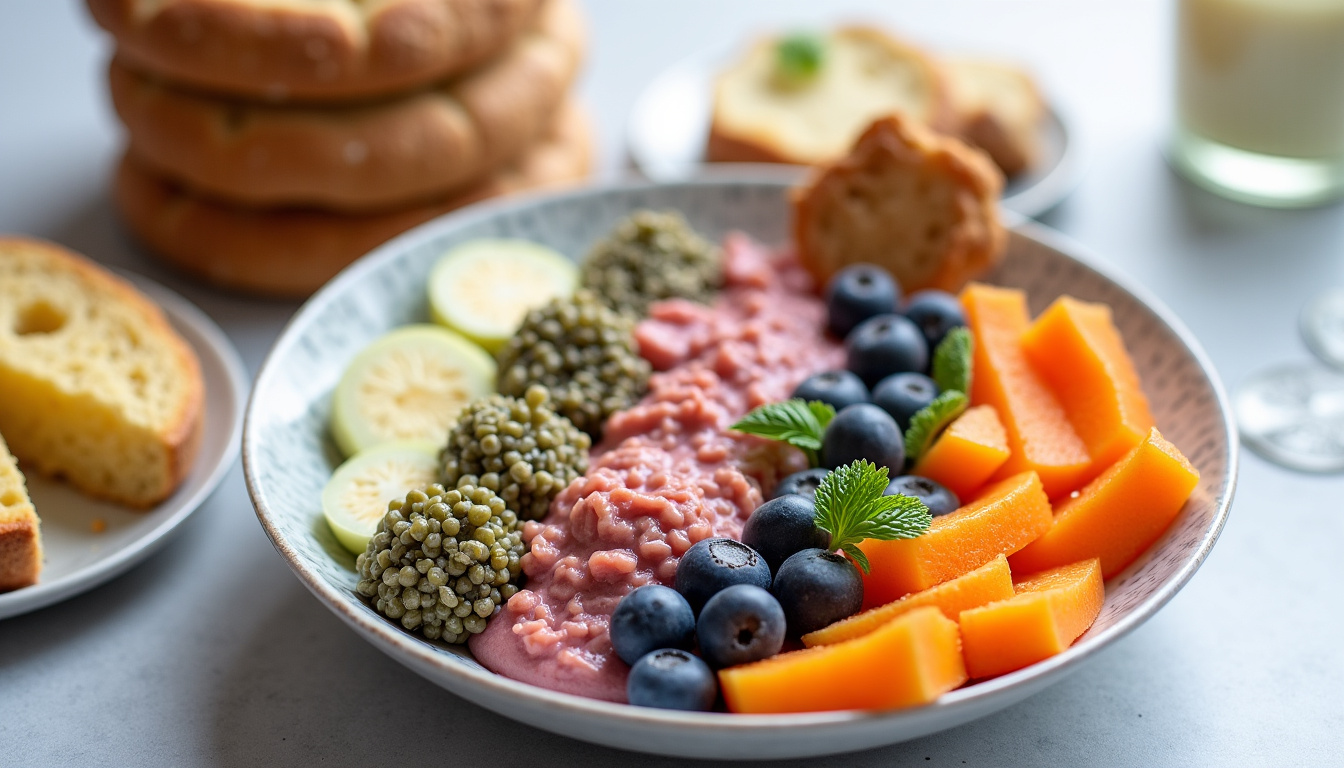 Présentation de recettes saines: smoothie bowl, choucroute maison, pain au levain avec avocat