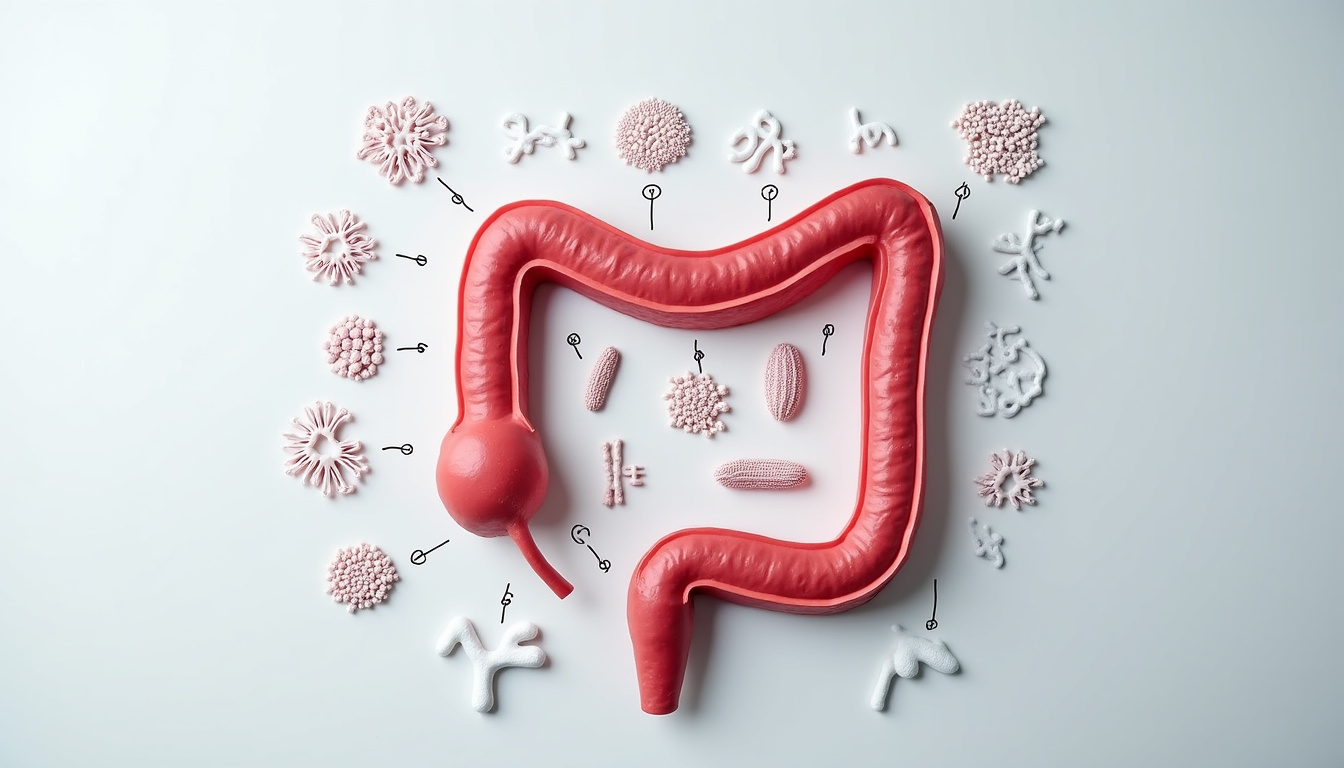 Schéma détaillé du microbiote intestinal avec ses composants et ses interactions avec le système immunitaire et le cerveau