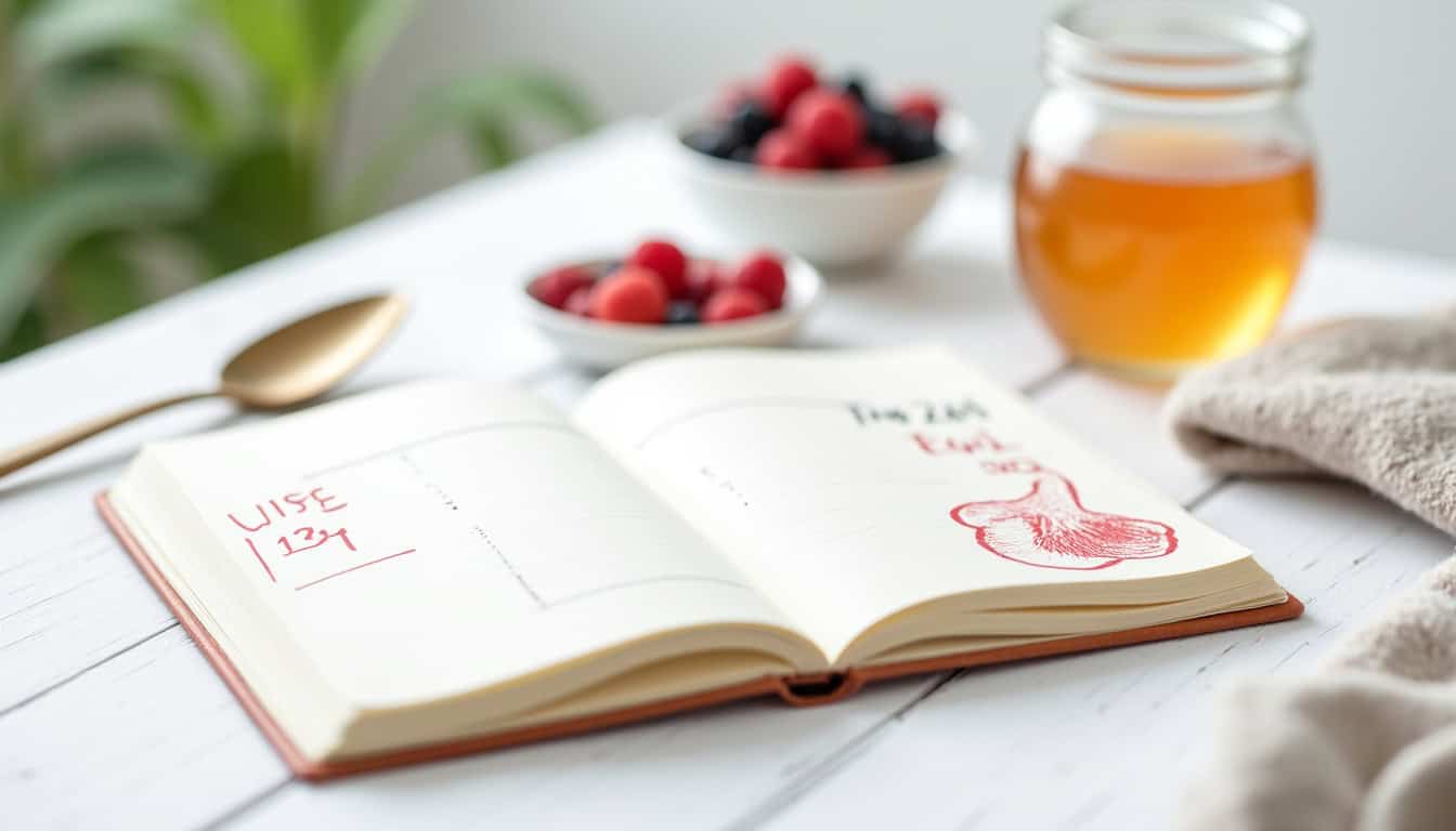 Carnet de bord tenu par une personne avec des notes sur les repas, les activités et les éruptions cutanées pour identifier les déclencheurs d