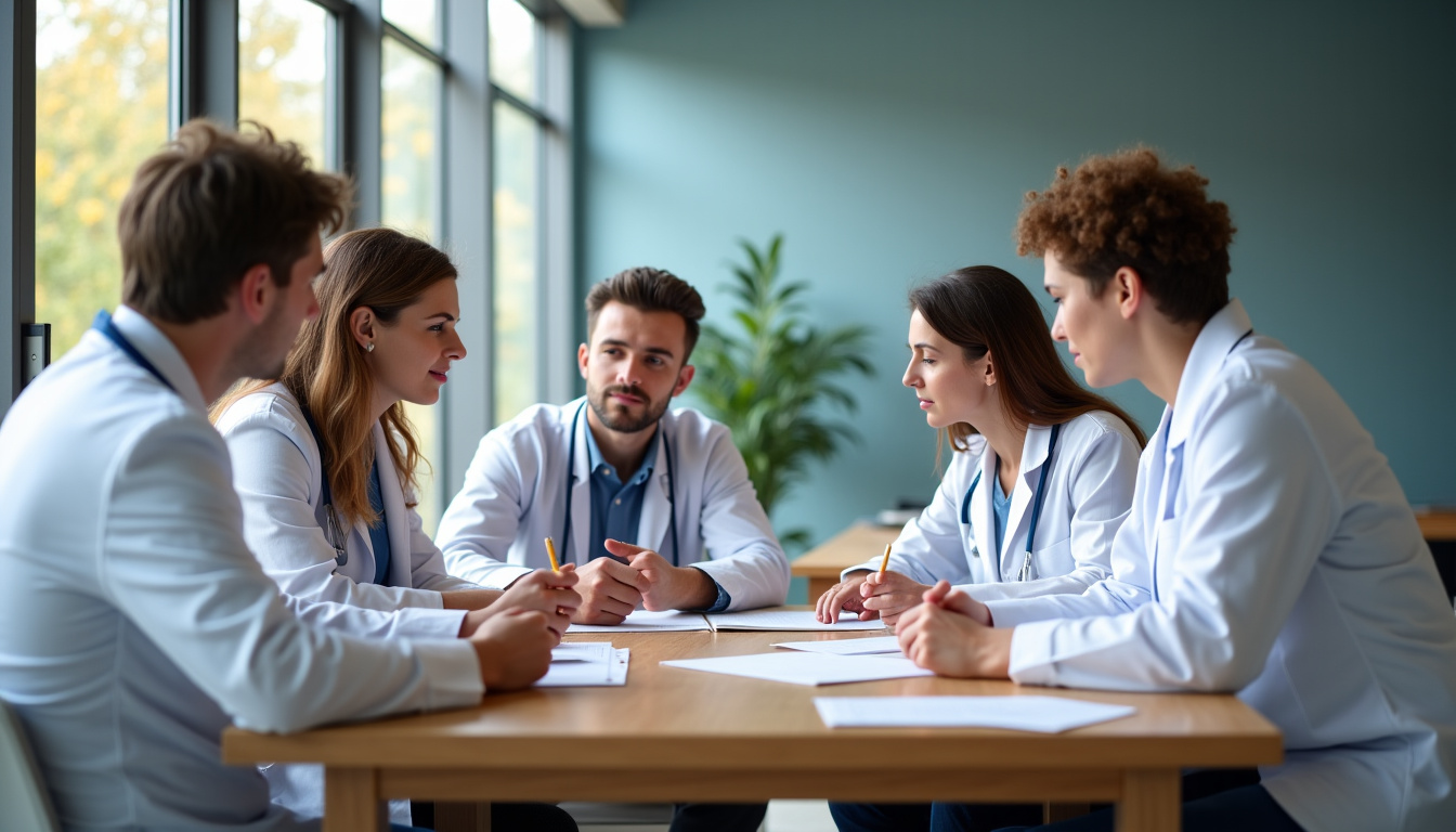 Équipe médicale en réunion au sein du Centre Psychothérapique de Nancy, discutant d’un cas clinique