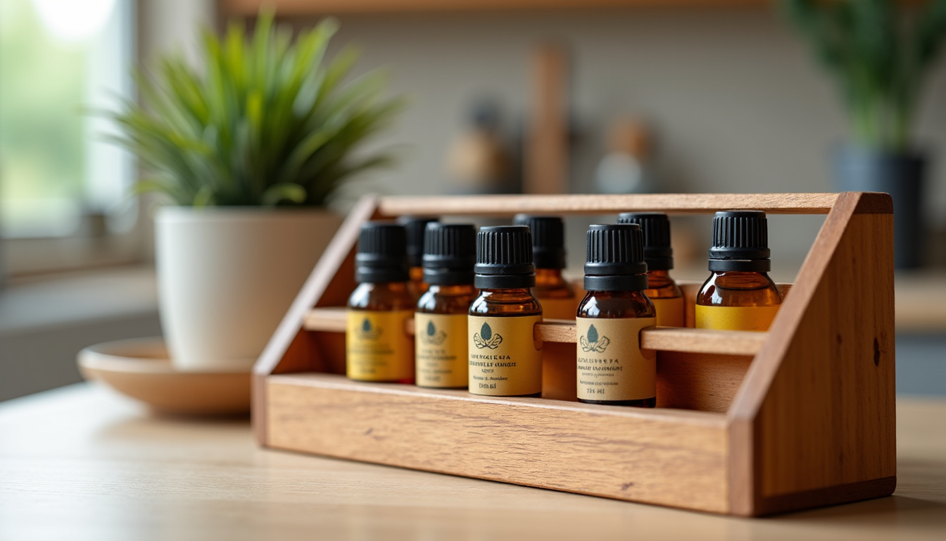 Étagère en bois avec plusieurs flacons d