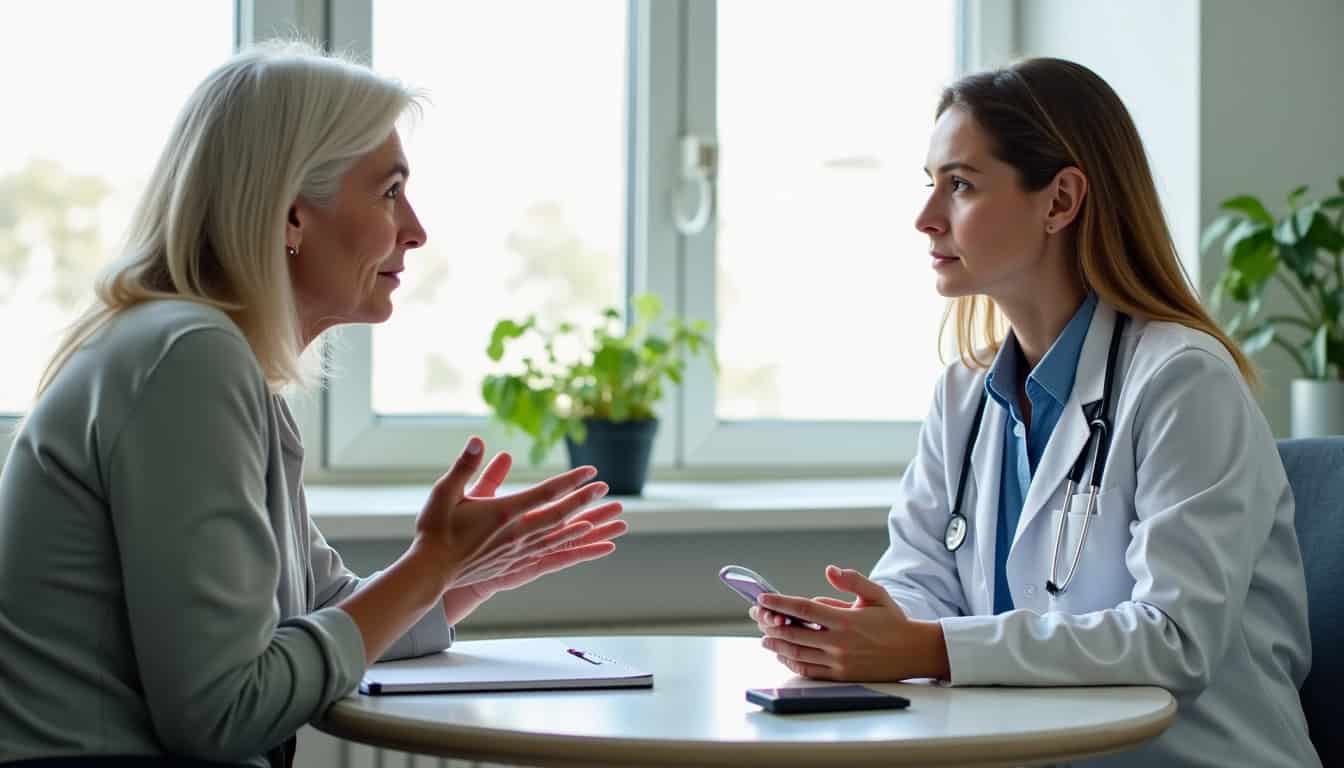 Femme en consultation médicale discutant de ses sueurs nocturnes avec son médecin
