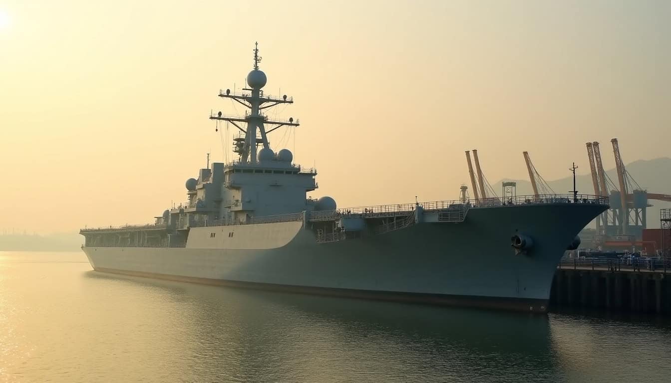 HTMS Chakri Naruebet amarré au port de Sattahip, en Thaïlande, avec des structures de maintenance en arrière-plan et peu d