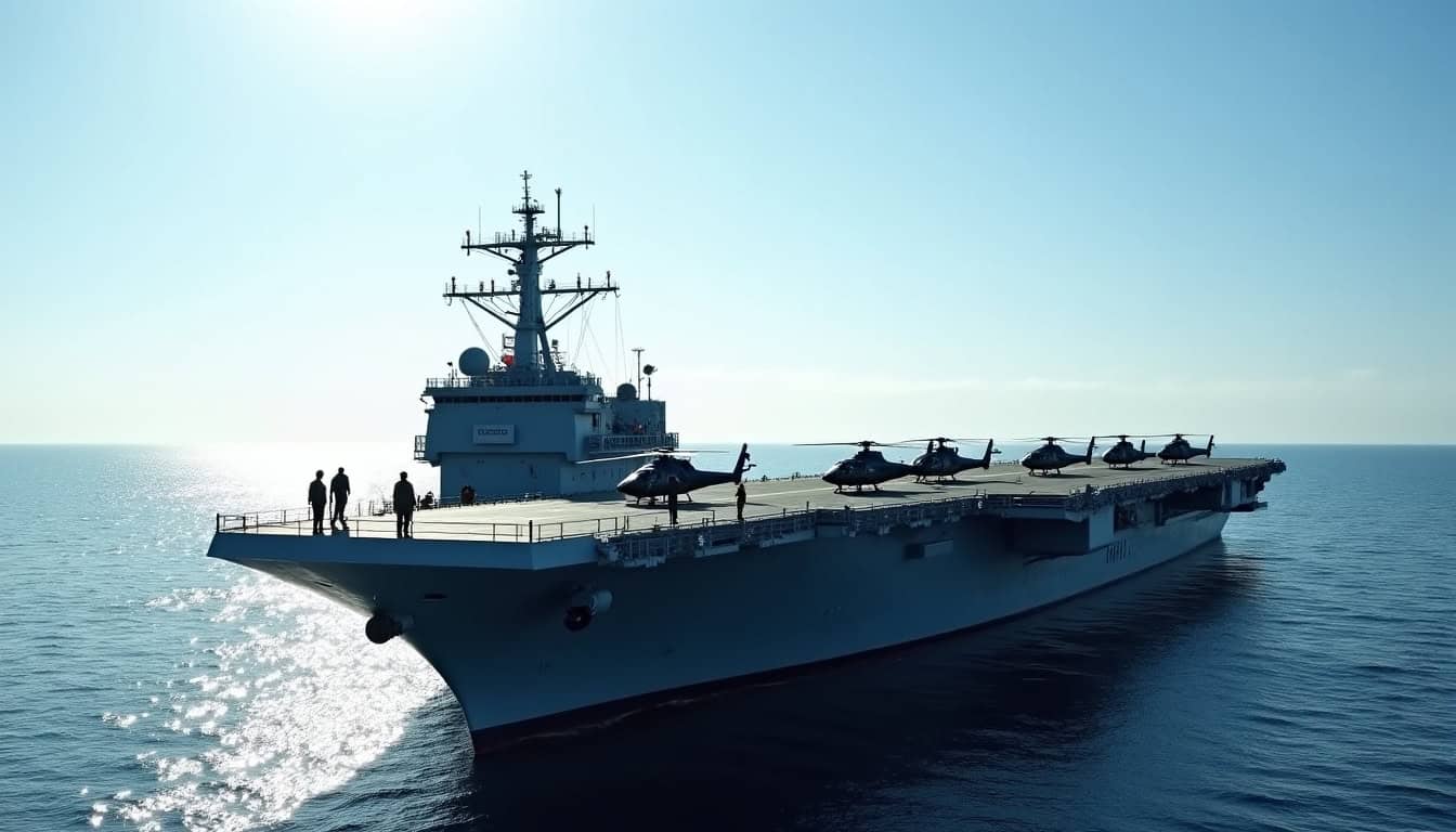 HTMS Chakri Naruebet en mer, avec des hélicoptères sur le pont d