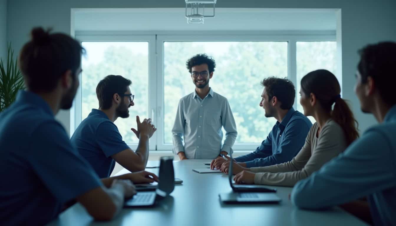 Mac Lesggy en réunion de production avec son équipe, autour d’un écran montrant des plans de tournage