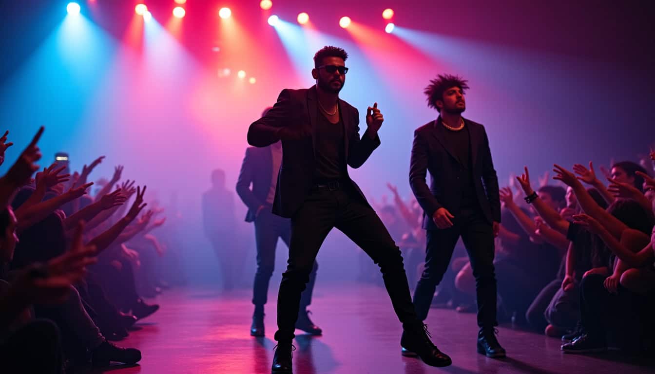 Mac Lesggy en train de danser sur scène avec un rappeur lors d’un concert, sous les regards surpris du public