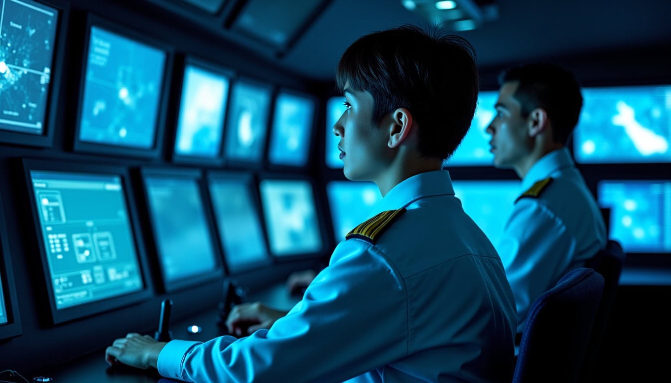 Marins thaïlandais en train de suivre une formation pratique sur le système IPMS Thales, dans un simulateur de salle de contrôle, avec des écrans et des manettes numériques