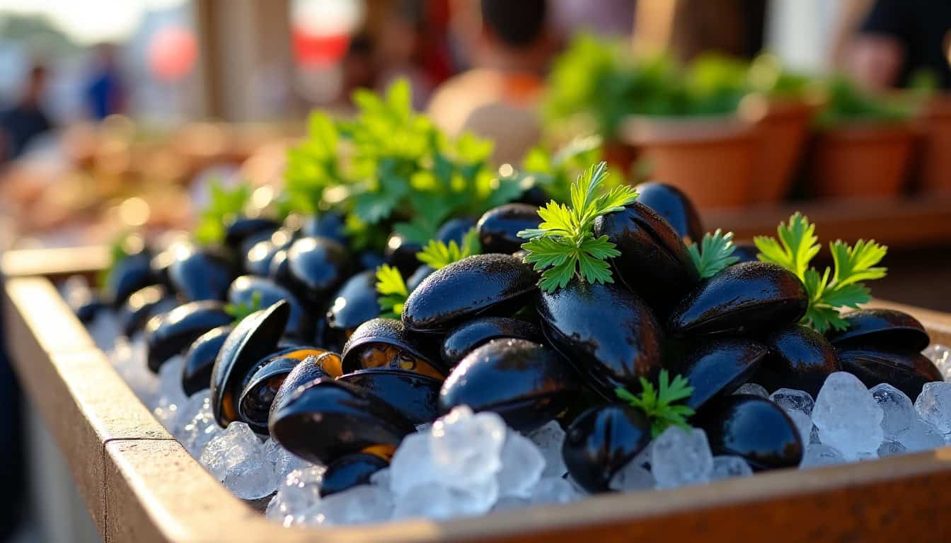 Moules fraîches disposées sur un étal de marché avec de la glace et du persil