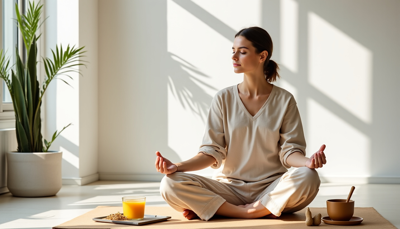 Personne pratiquant une routine ayurvédique dans un cadre contemporain