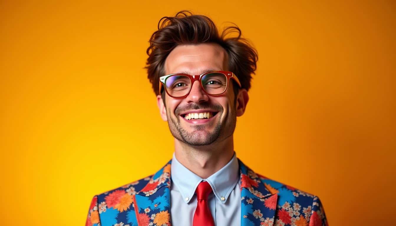 Portrait en studio de Mac Lesggy, souriant, portant ses célèbres lunettes et un costume coloré