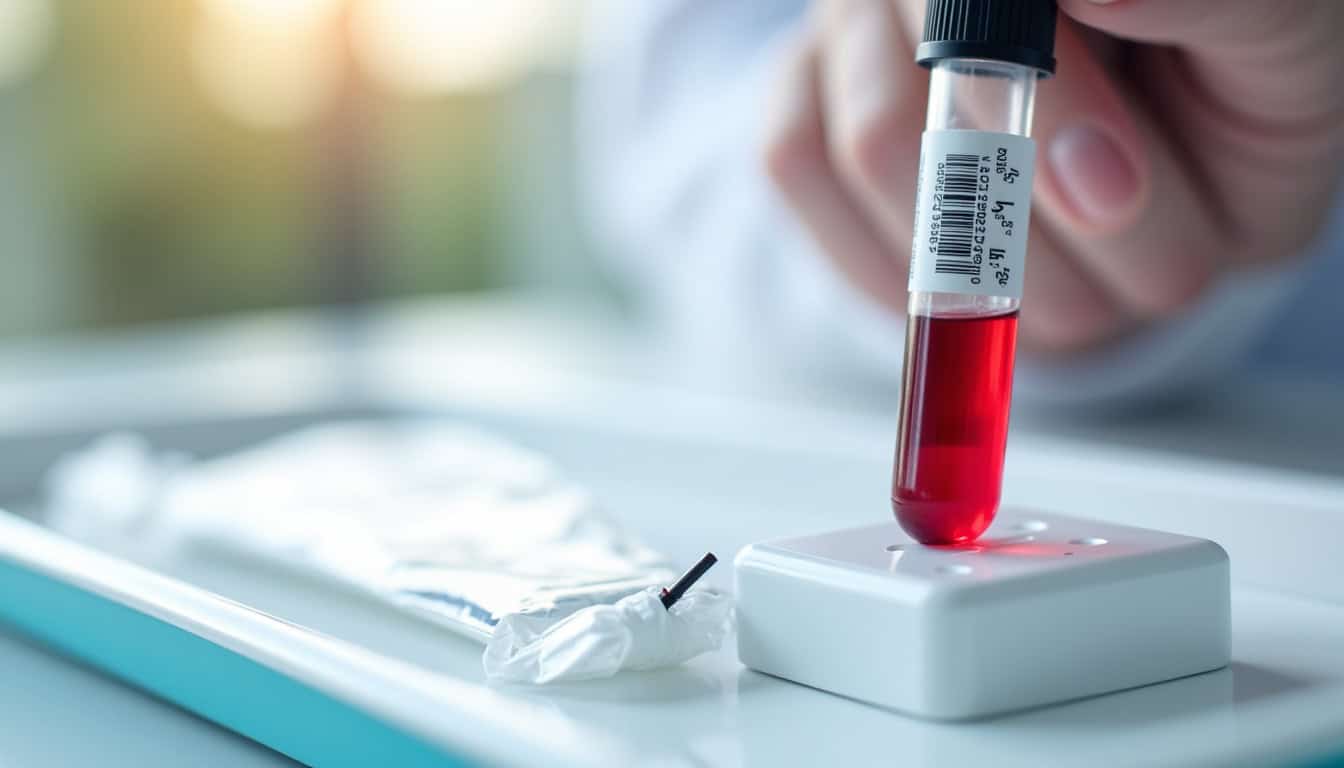 Prélèvement sanguin pour le dosage du PSA, avec une poche de prélèvement et un tube à essai étiqueté