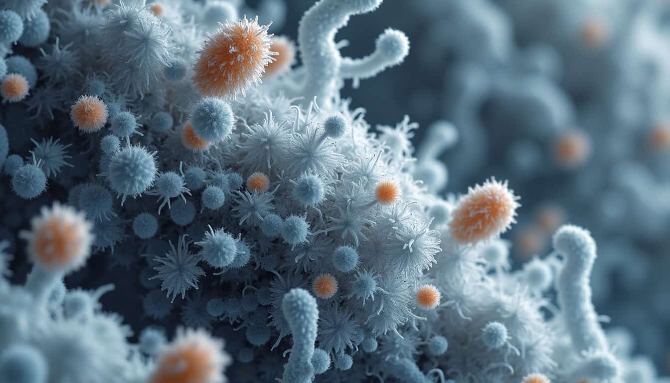 Représentation visuelle du microbiote intestinal humain sous microscope électronique