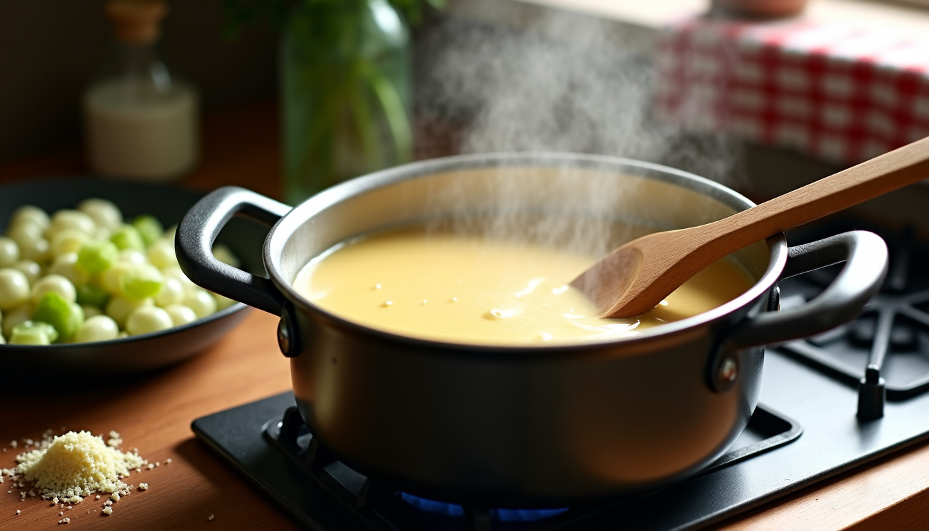 Cuisson des poireaux et préparation de la béchamel pour lasagnes au saumon