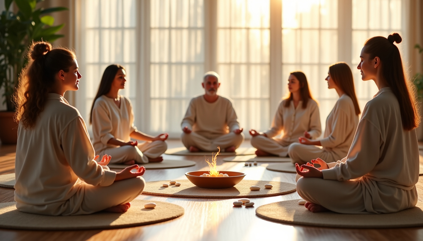 Groupe de personnes de différents âges participant à une séance collective de soins holistiques