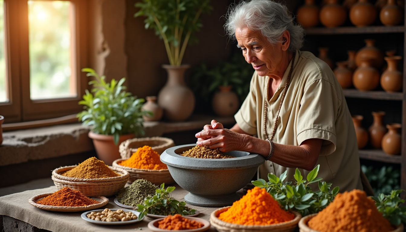 Herboriste préparant des mélanges de plantes médicinales à T. Nagar