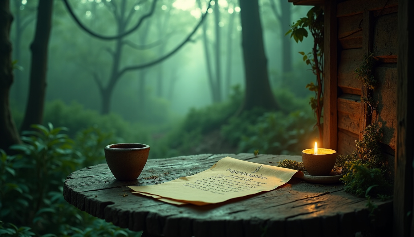 Hutte du guérisseur dans la Vallée Creuse, éclairée par une lumière verte, avec l’ordonnance posée sur une table