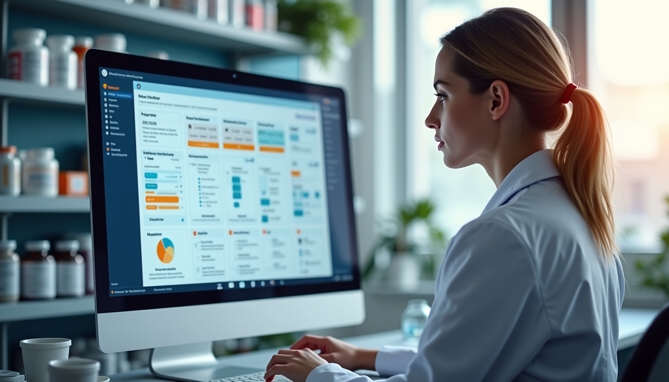 Interface de Vidal Hoptimal utilisée par un pharmacien dans un environnement professionnel, montrant une fiche médicament détaillée avec interactions et posologies