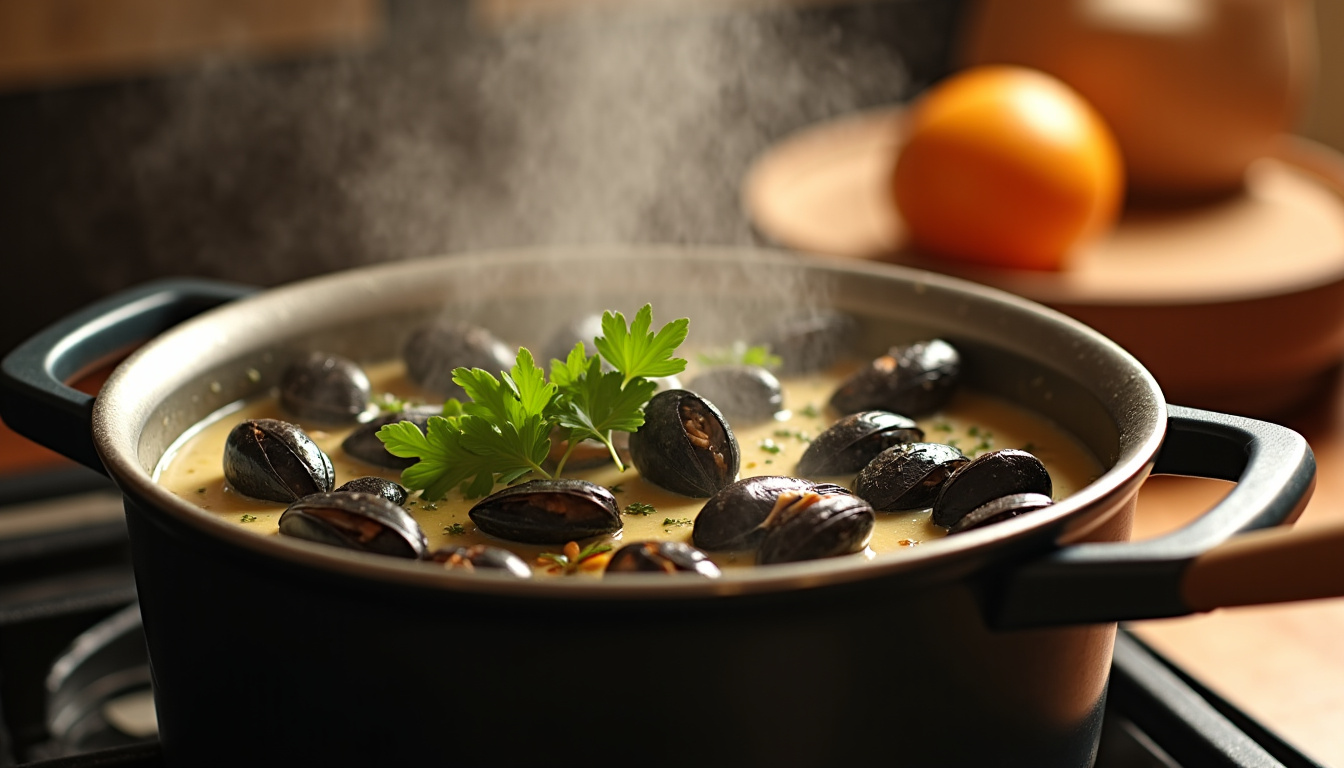 Moules à la crème en train de cuire dans une grande casserole avec vapeur s