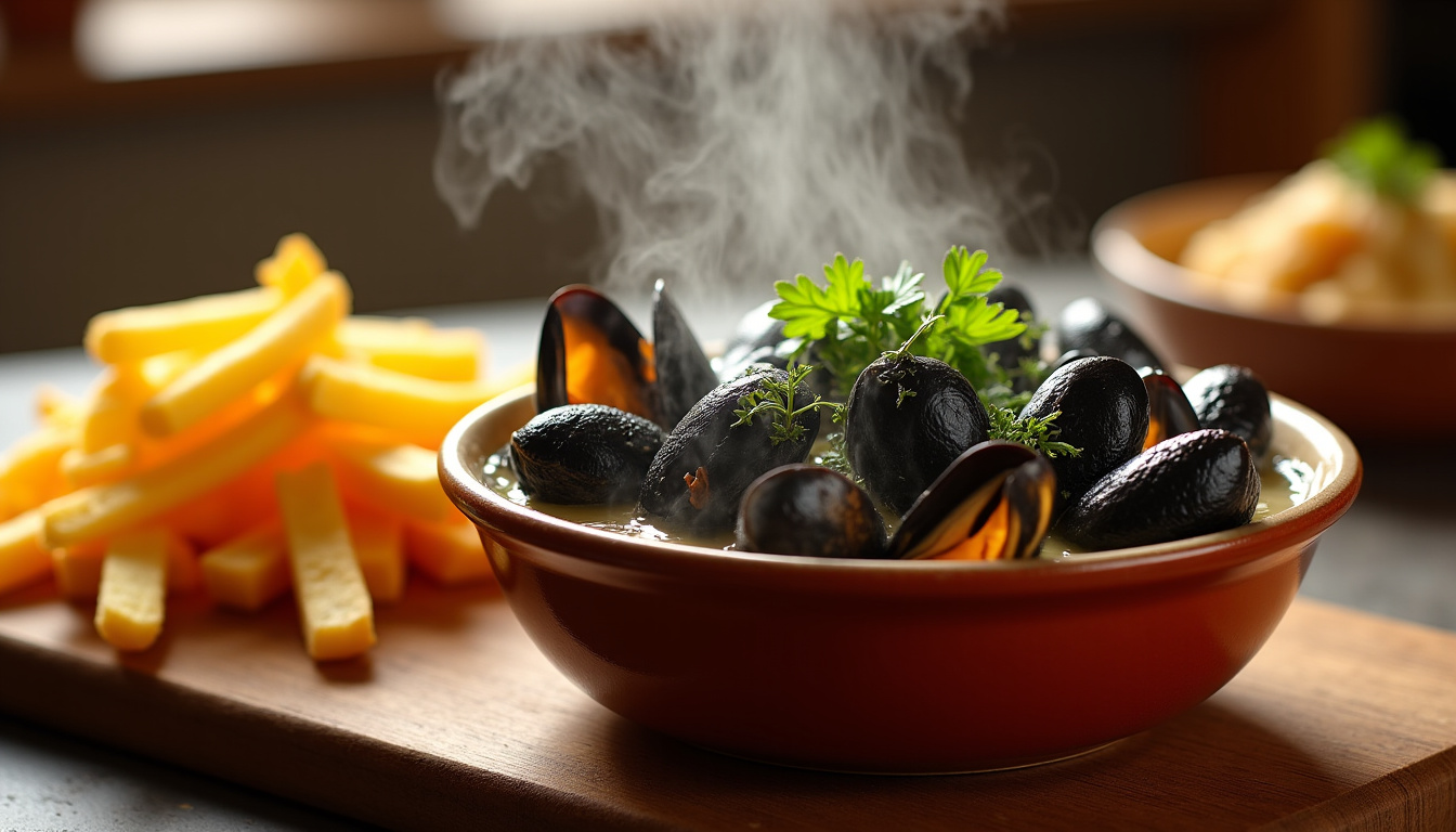 Moules à la crème présentées dans un grand plat creux avec frites et persil frais