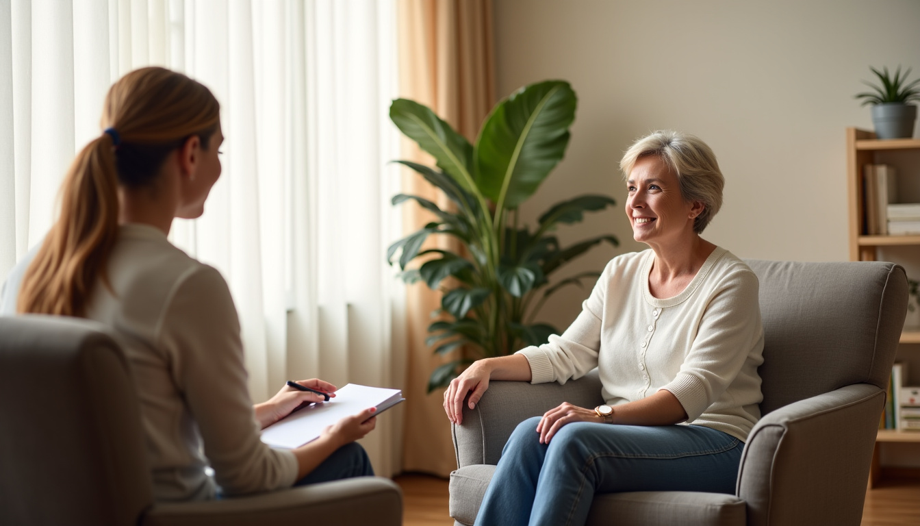 Patient en consultation de TCC avec un thérapeute dans un cabinet