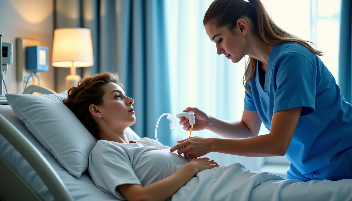 Patient recevant une alimentation thérapeutique via une sonde gastrique, suivi par une infirmière