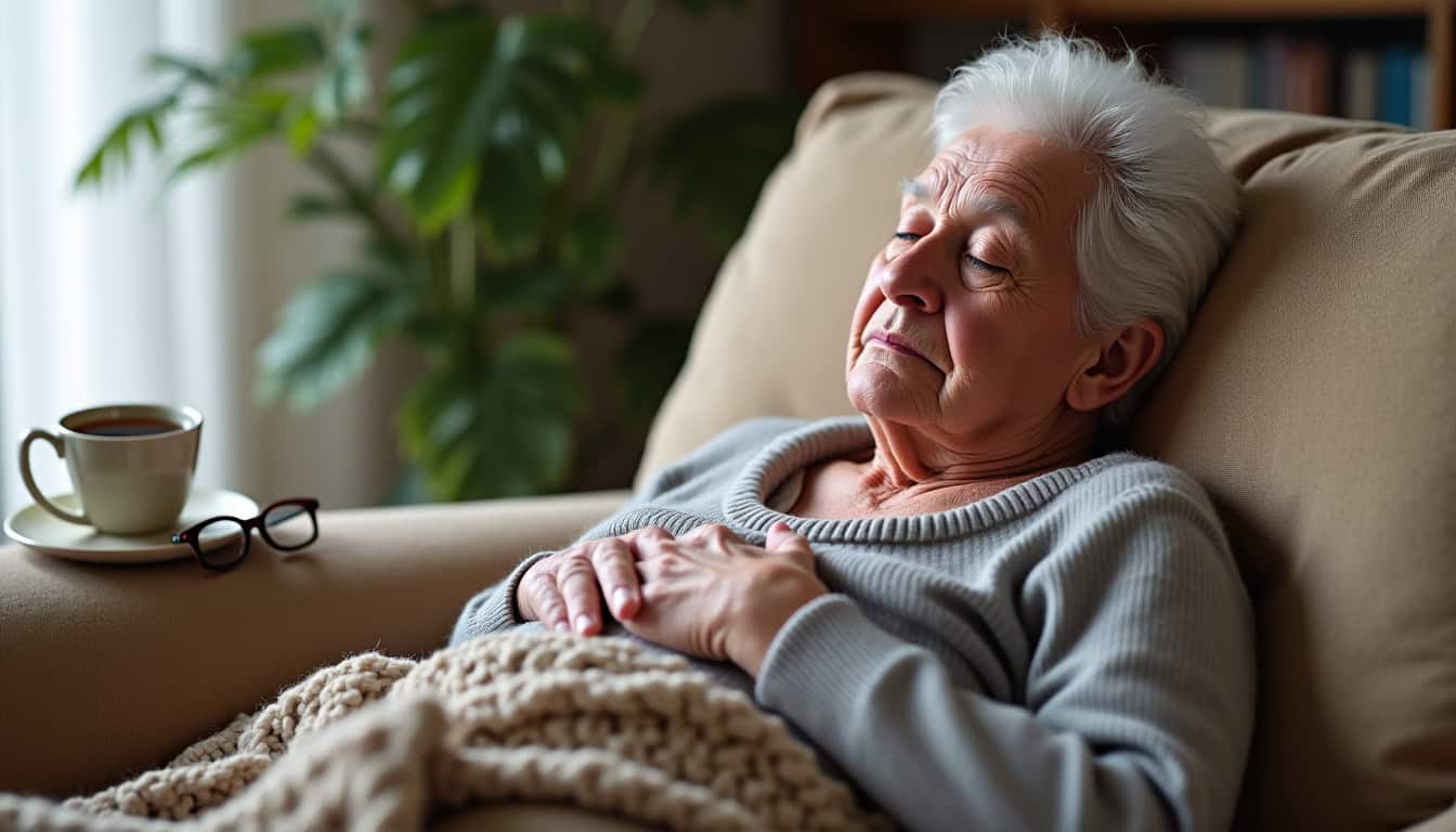 Personne âgée reposant sur un canapé, montrant des signes de fatigue et d