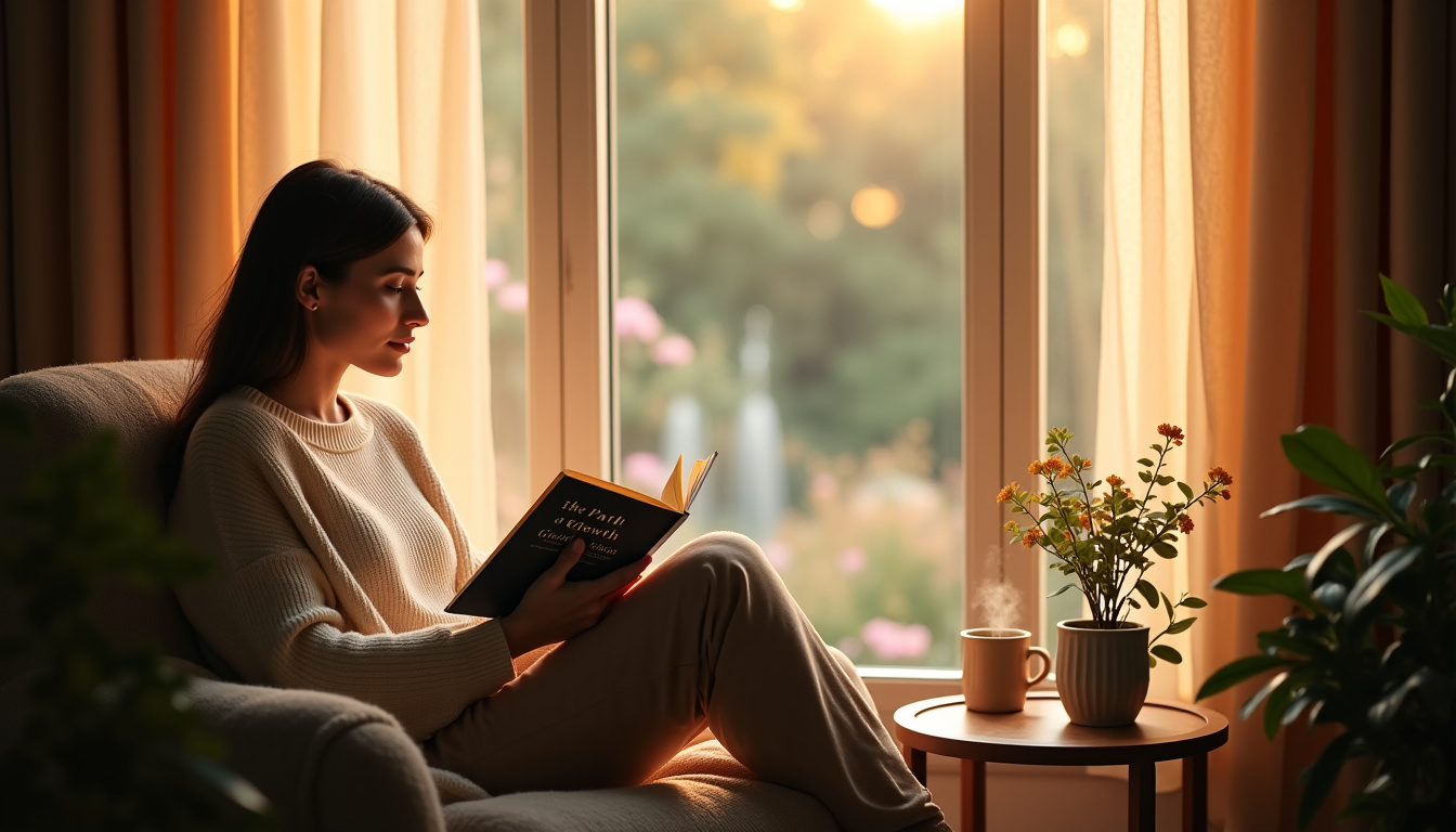 Personne lisant un livre de développement personnel dans un environnement calme et inspirant
