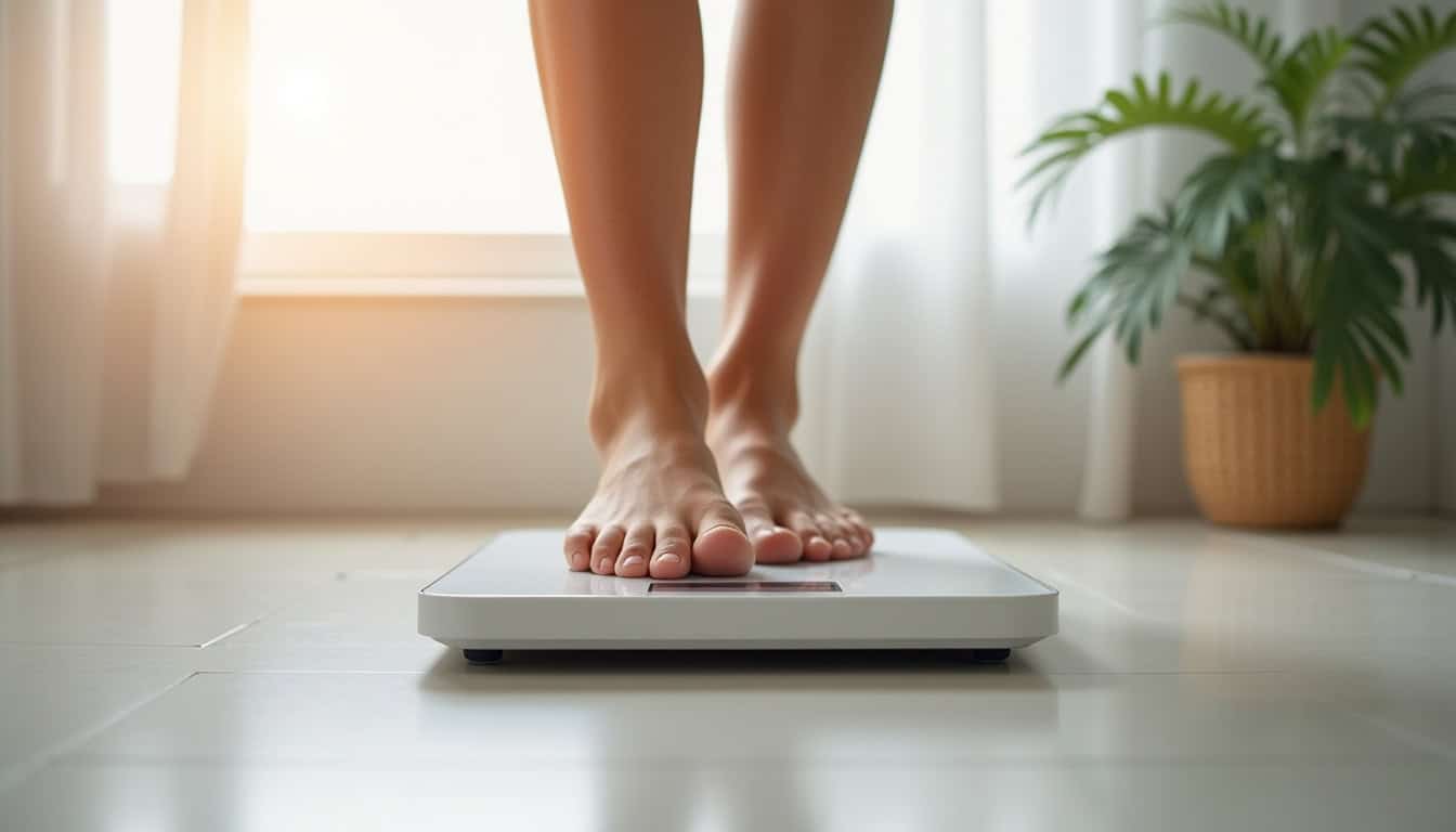 Personne utilisant une balance médicale le matin pour surveiller son poids, un geste clé dans la gestion de l