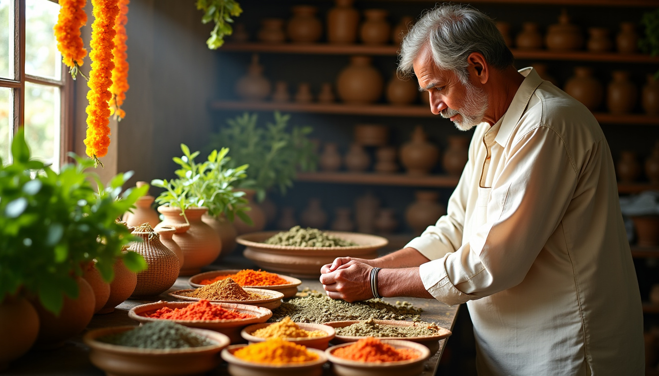Pharmacie ayurvédique traditionnelle à T. Nagar avec étalage de plantes médicinales