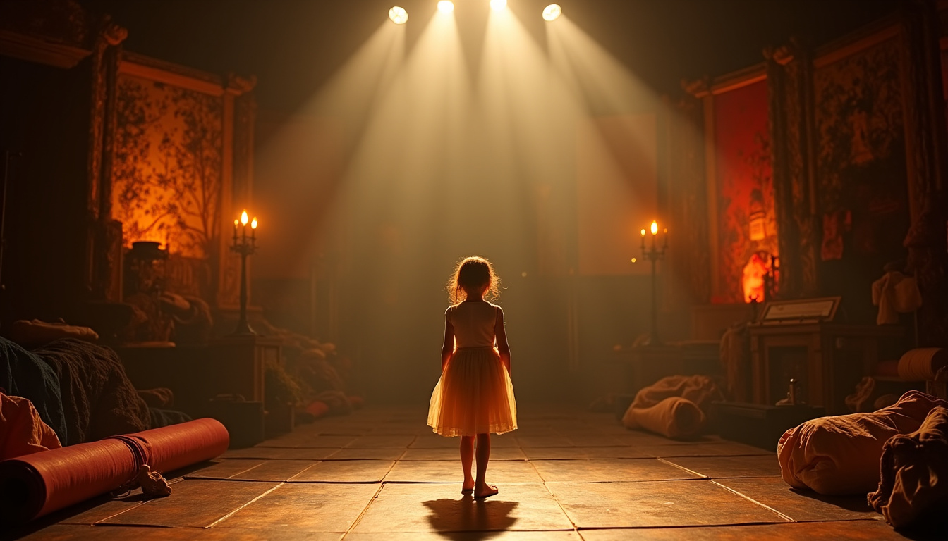 Photographie de Sara Giraudeau enfant entourée de décors de théâtre lors des premières répétitions familiales