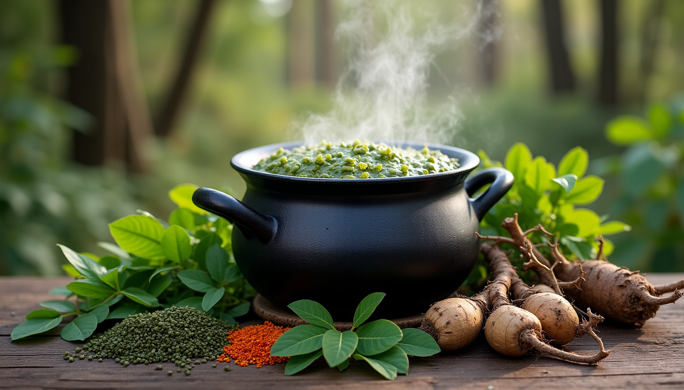 Préparation de la bouillie de feuilles crues dans un chaudron, avec les ingrédients posés à côté