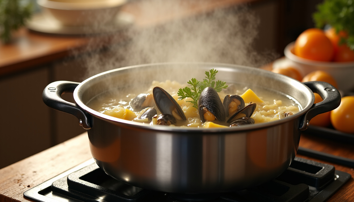 Préparation des moules à la crème dans une grande casserole avec oignon, beurre et vin blanc