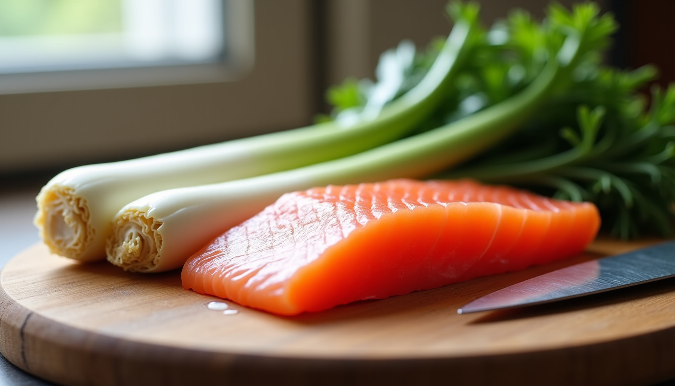 Préparation des poireaux et du saumon pour lasagnes maison