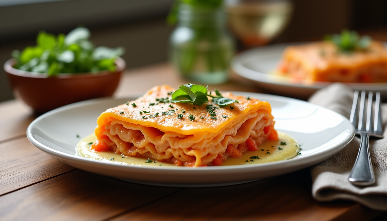 Présentation des lasagnes aux poireaux et au saumon sur assiette