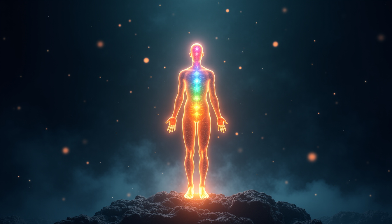 Représentation schématique du corps énergétique humain avec les sept chakras alignés le long de la colonne vertébrale