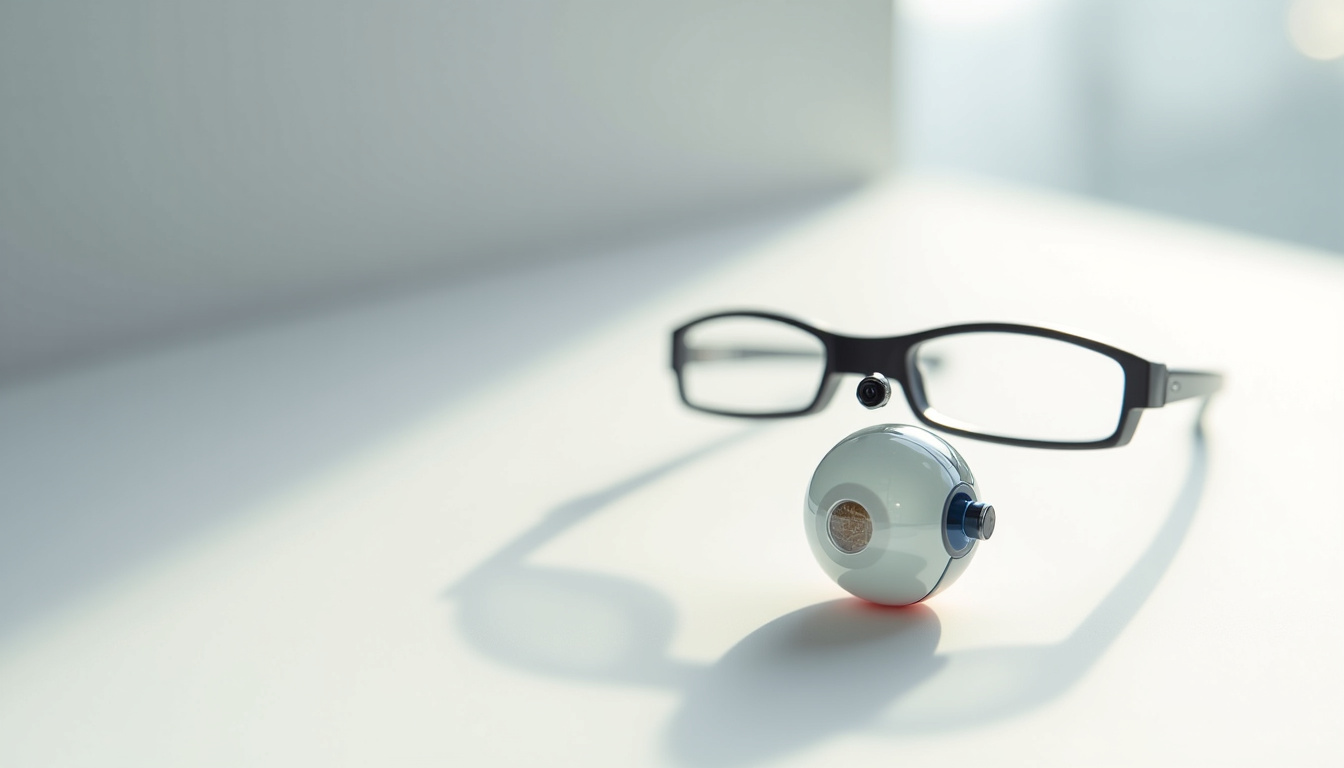 Représentation schématique du fonctionnement de l’implant rétinien PRIMA avec lunettes, caméra et implant sous-rétinien