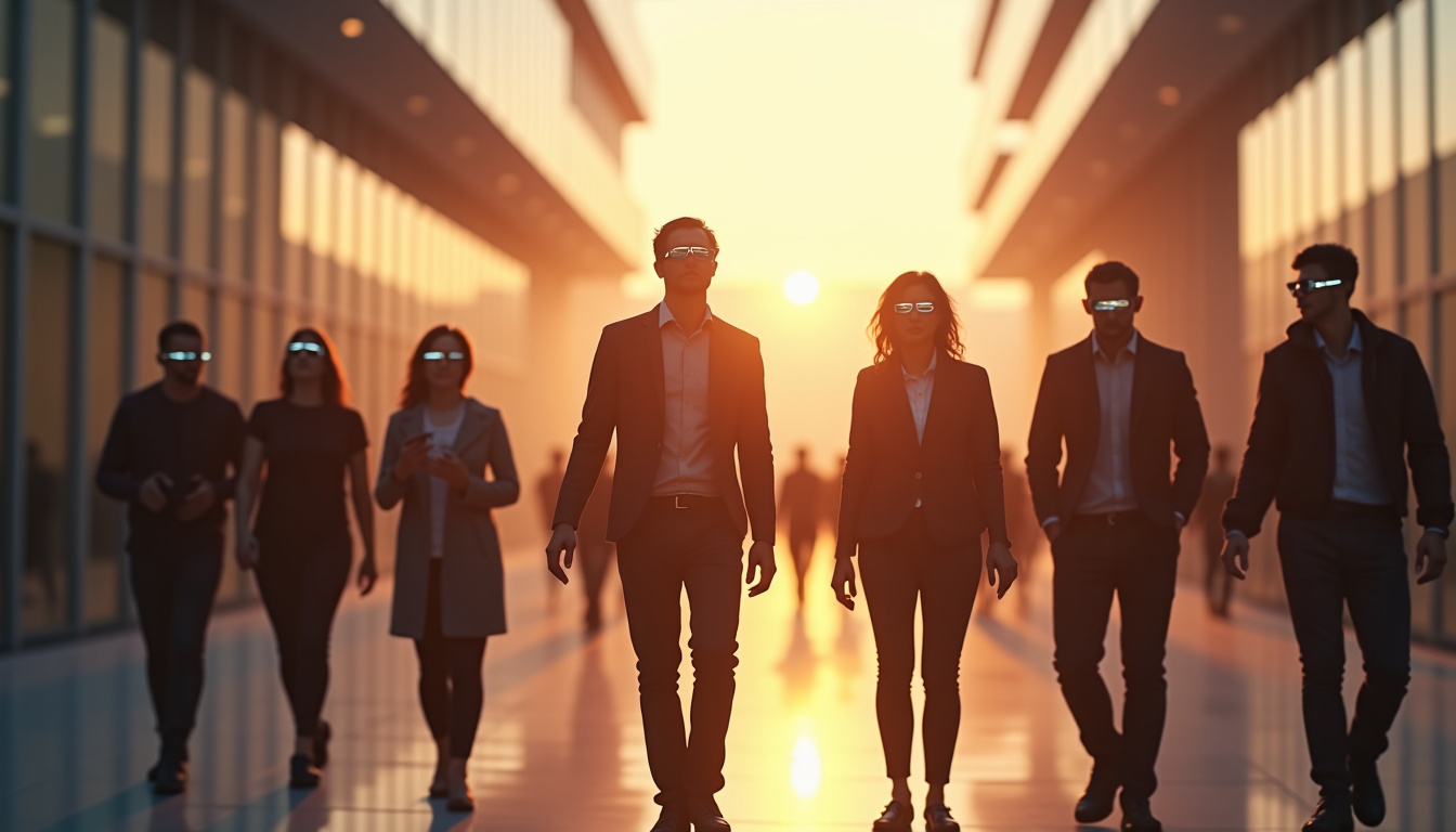Représentation symbolique de l’avenir de l’implant rétinien PRIMA avec des silhouettes de patients utilisant les lunettes dans un cadre urbain