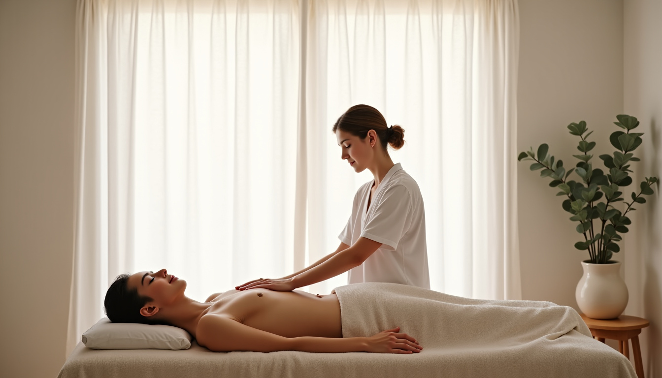 Séance de soin énergétique en cabinet, praticien assis près d’un patient allongé sur une table de soin