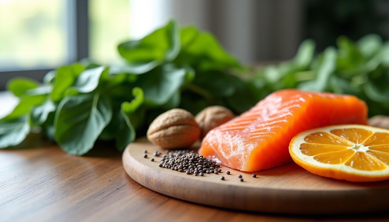 Tableau présentant des aliments riches en micronutriments: épinards, noix, saumon, agrumes et graines de chia sur un plan de travail en bois