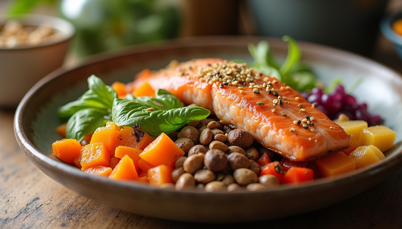 Assiette colorée composée de légumes, grains entiers, poissons gras et oléagineux, illustrant une alimentation anti-inflammatoire équilibrée