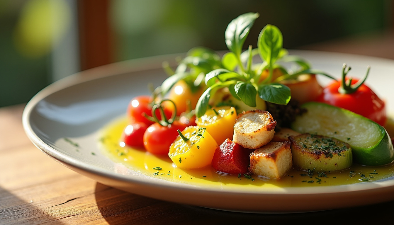 Assiette colorée composée de légumes, protéines végétales et huile d