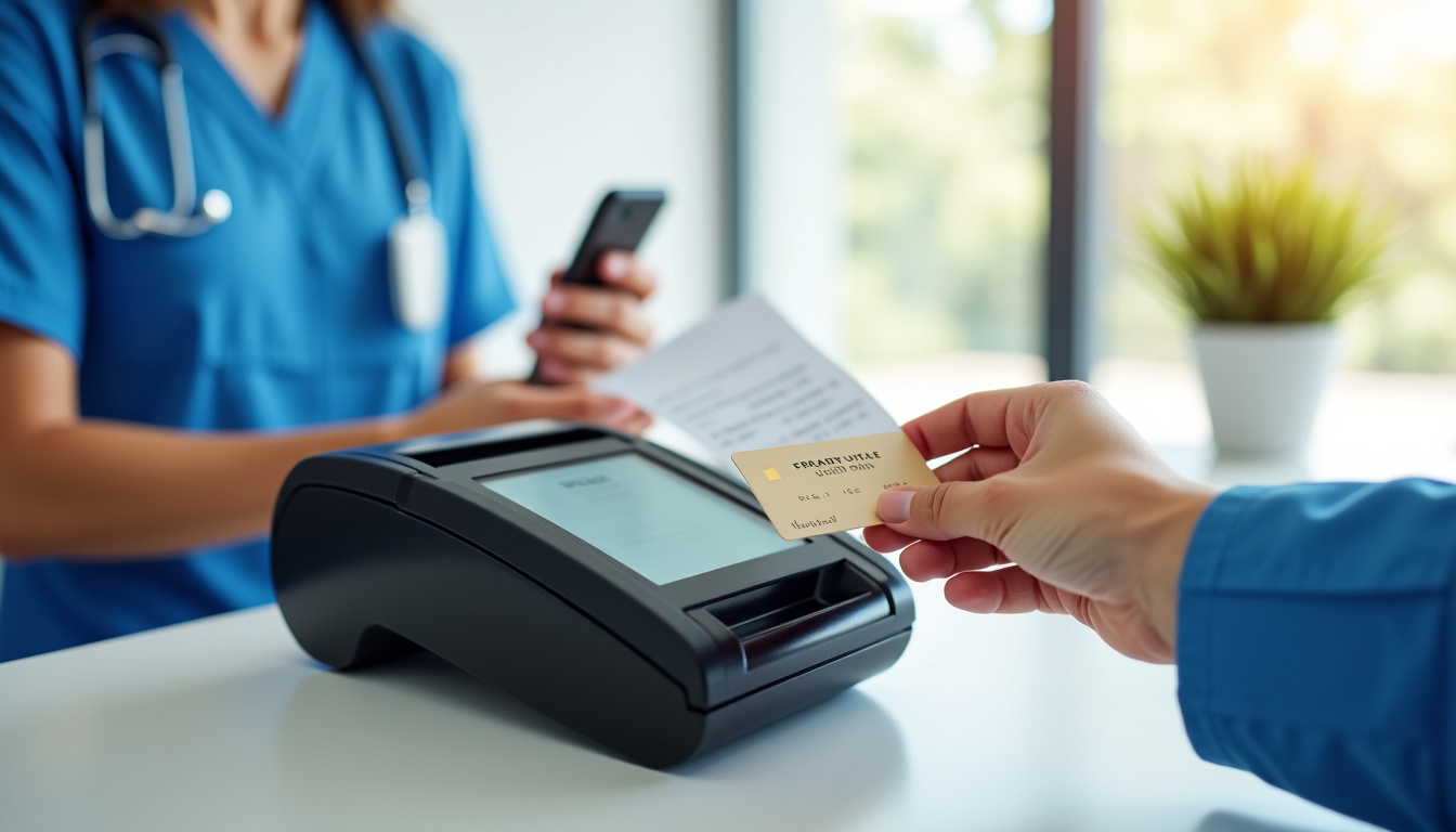 Comptoir de facturation dans une clinique médicale, carte Vitale et paiement électronique